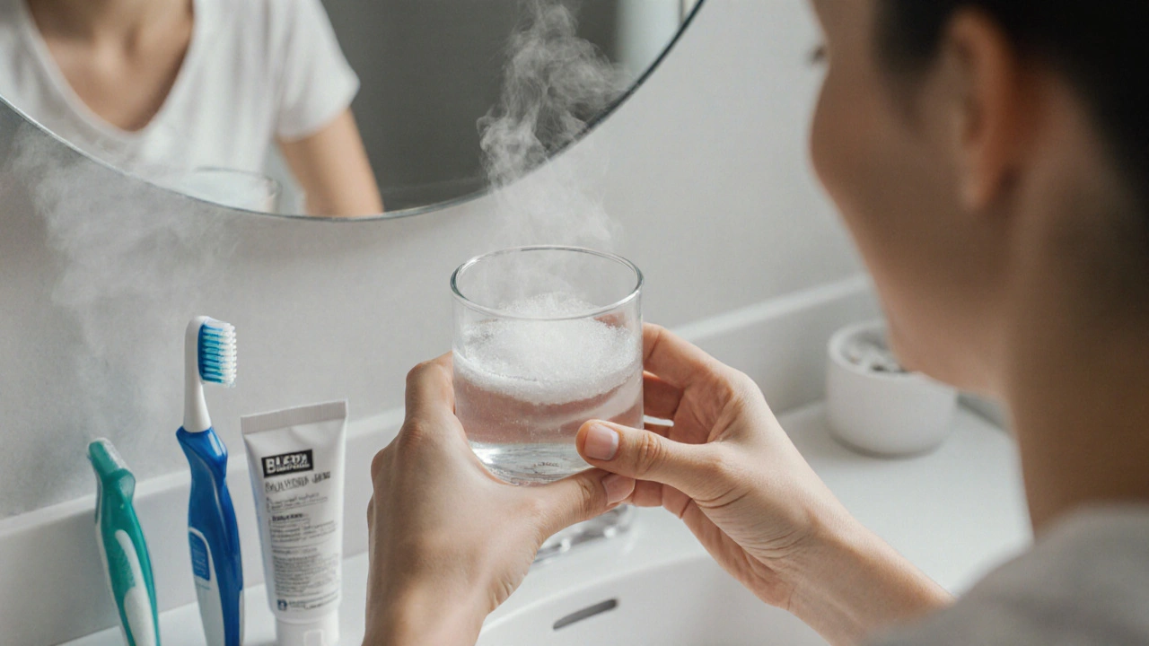 Ruka drží sklenici teplé solné vody vedle měkkého zubního kartáčku na koupelně.