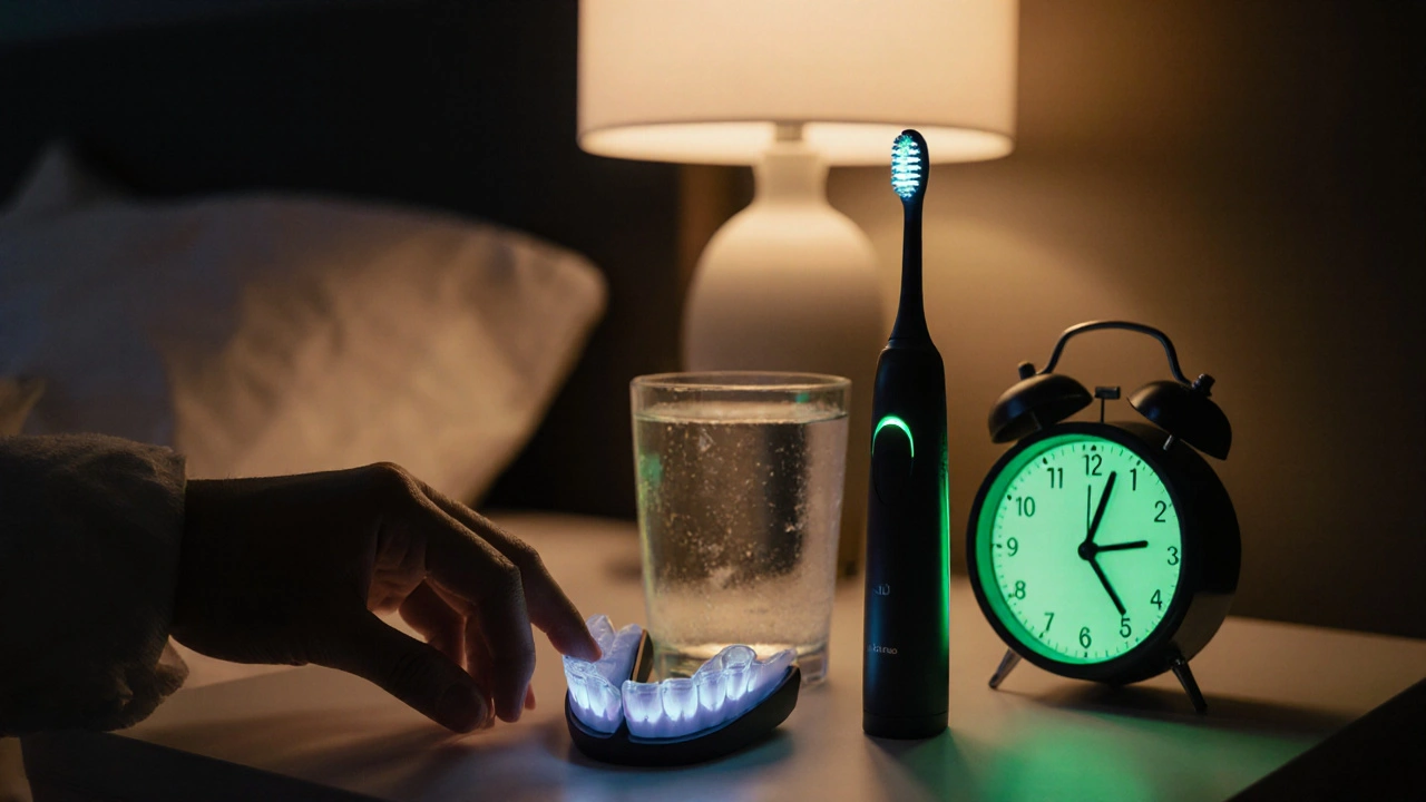 Ruka klade zubní štít na noční stolek vedle měkkého elektrického štětečku a sklenice vody.