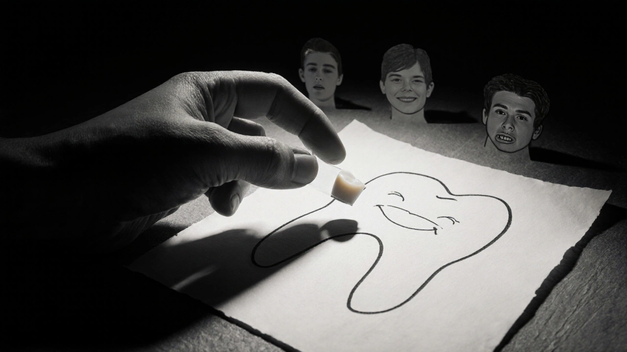 Rukou držená tenká keramická fazeta položená nad konturou zubu na papíře.