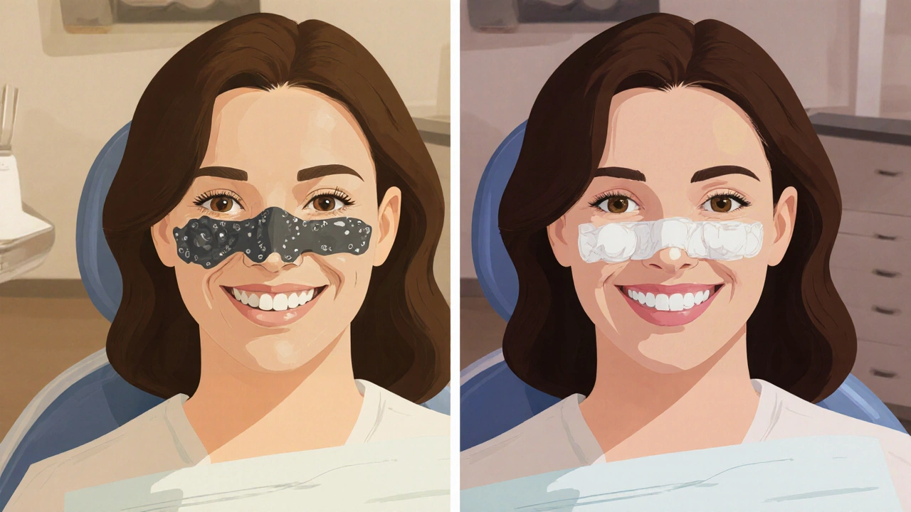Side-by-side comparison of dark amalgam and natural-looking composite fillings in molars.