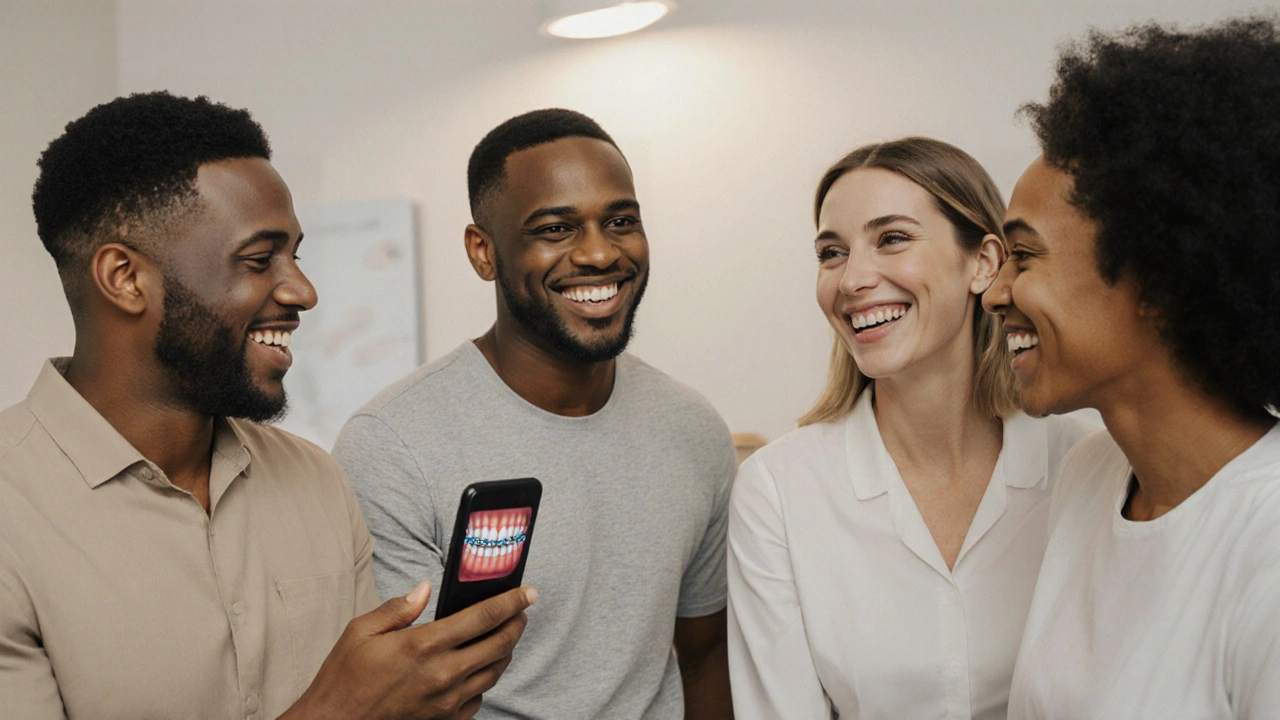 Skupina dospělých v klinice s jasnými rovnátky se směje a hovoří, všichni vypadají sebevědomě.