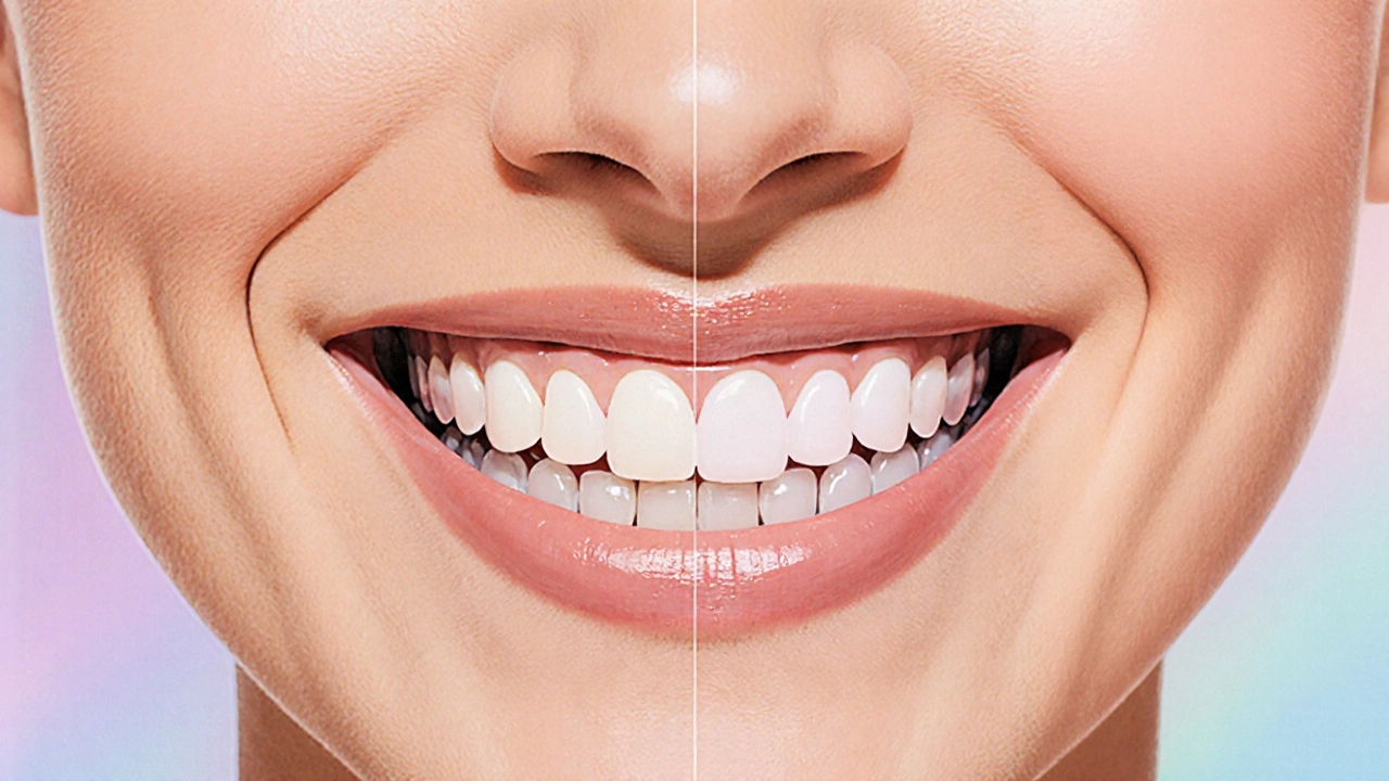 Split smile showing natural teeth versus perfect veneers for cosmetic improvement.