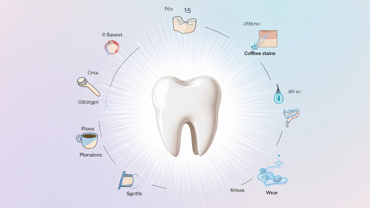 Stylized tooth with composite filling surrounded by symbols of good oral care habits.