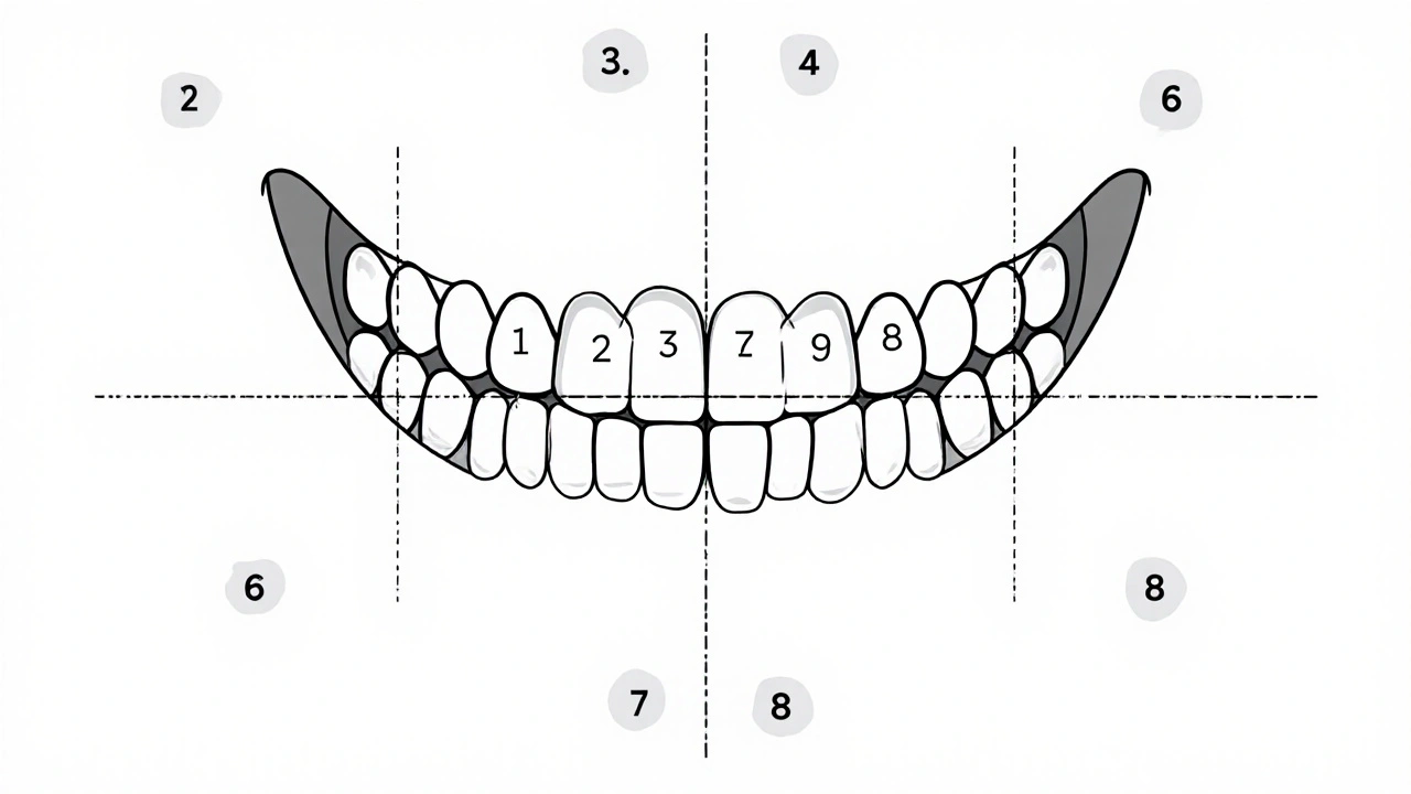 Symetrický diagram čelistí s čísly zubů podle FDI systému pro dospělé a děti.