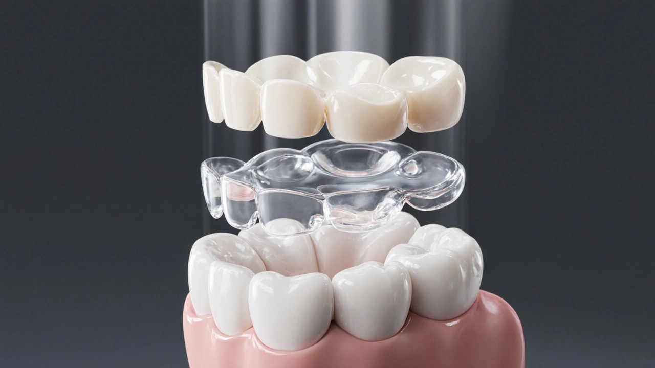 Three types of dental underlays beneath translucent veneers showing different opacity levels