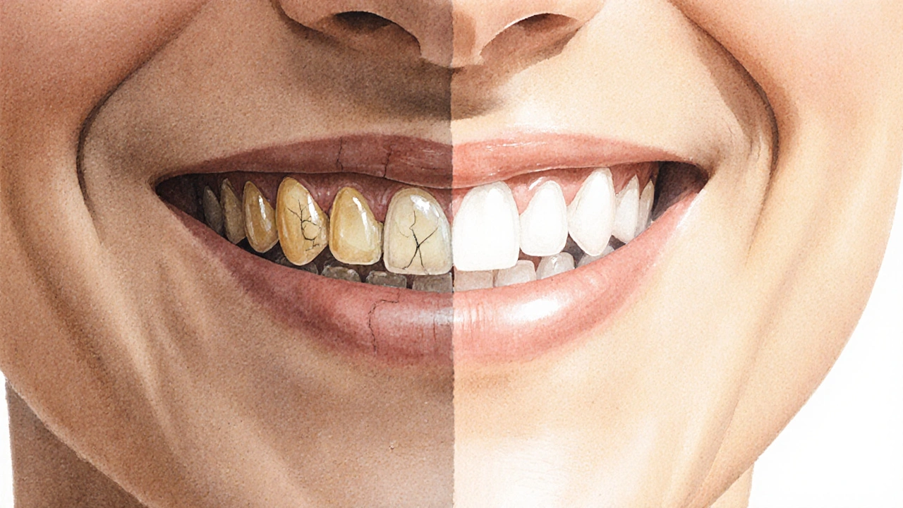 Umělecká ilustrace před a po: zuby před a po aplikaci fazet v mírném vodovém stylu.