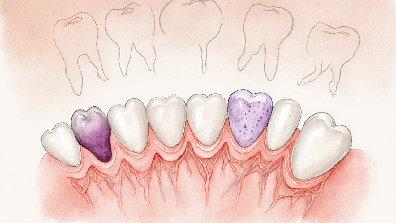 Vodová barva znázorňující postupné vyrážení zoubku pod dásní.