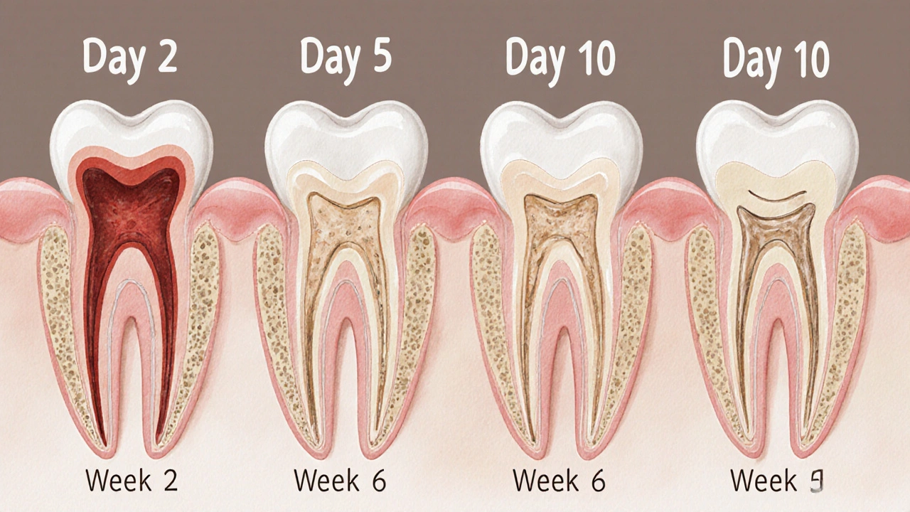 Vývoj hojení rány po extrakci: sraženina, granulační tkáň, nová dásň a regenerace kosti.