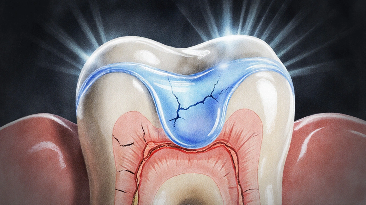 Zub s fluoridovým nátěrem uzavírajícím mikrotrhliny v dentinu.