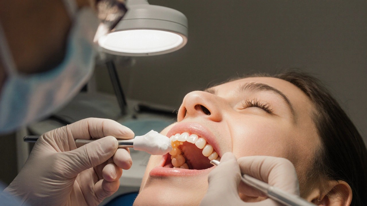 Zubař aplikuje barvu na protézu, aby zkontroloval, jak přesně sedí na dásních.