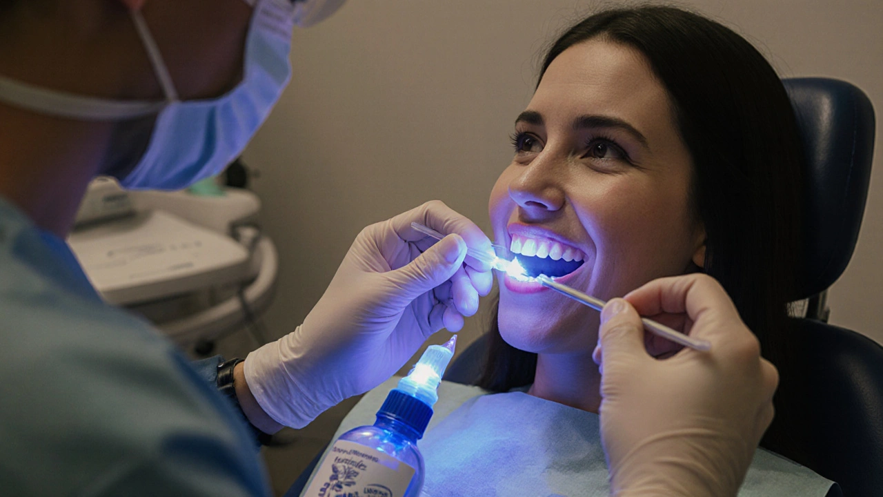 Zubní lékař prohlíží zuby pacienta modrým světlem, které odhaluje poškození sklovinu