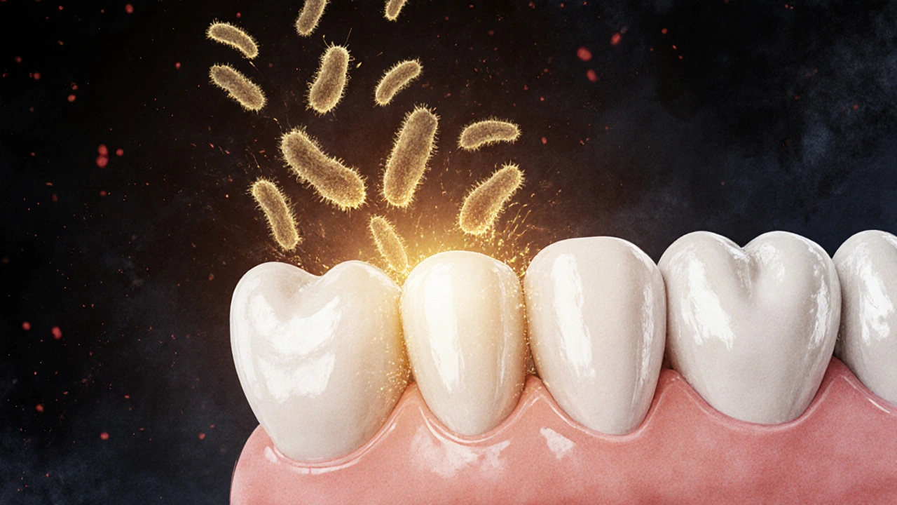 Zvětšený pohled na zubní sklovinu s fluoridem tvořícím ochrannou vrstvu proti bakteriím.