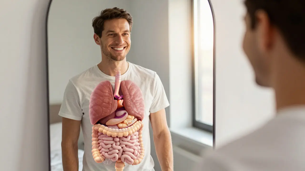 Adult smiling with clear aligners, reflection showing healthy body and spine.