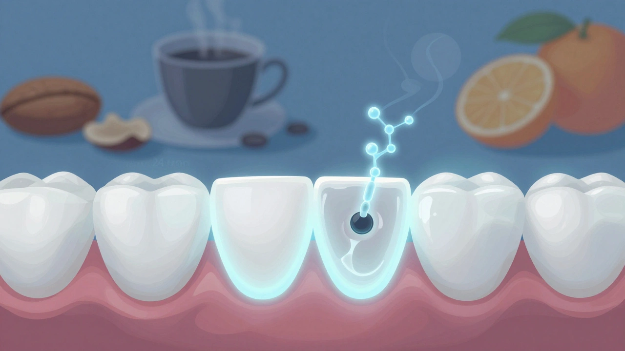 Bílá zubní plomba se postupně zatvrdzuje pod povrchem zubu.