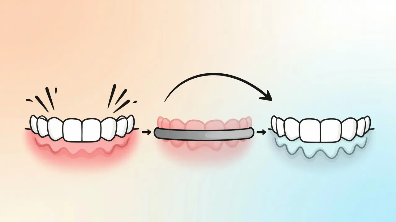 Časová osa ukazující přechod od bolesti po zarovnání zubů po nasazení rovnátek.