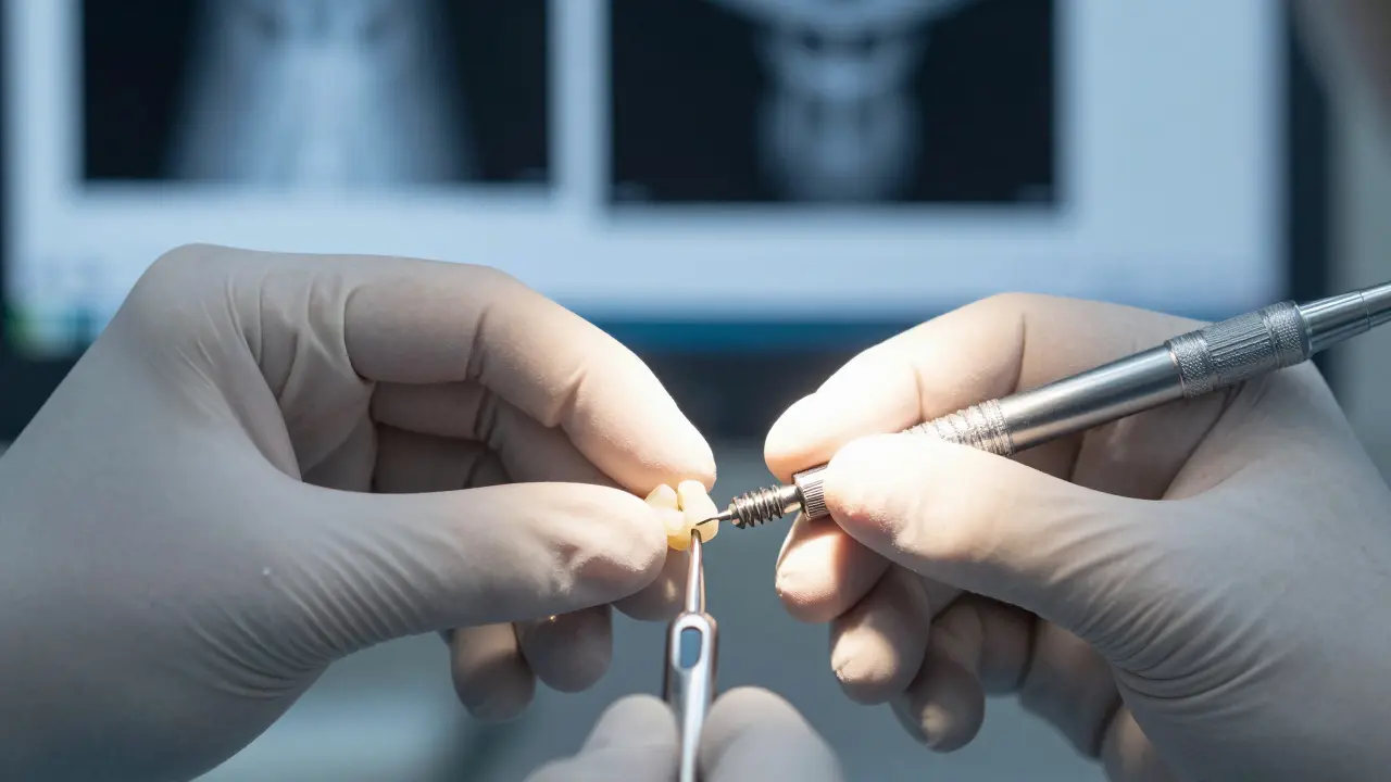 Dentista připevňuje zirkoniovou korunku na implantát přesnými nástroji.