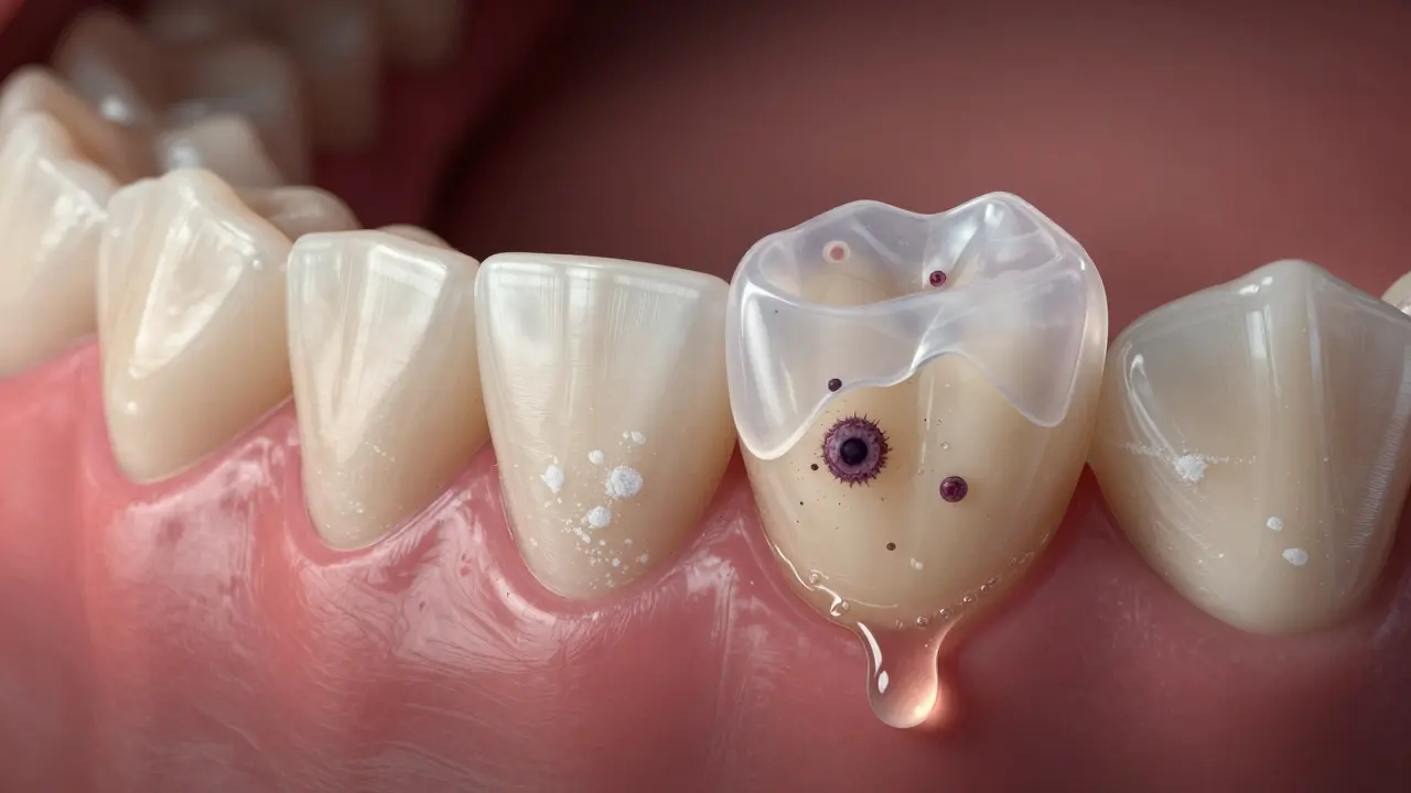 Detailní zobrazení lidského zubu s přilepeným plastovým náhradníkem, pod ním viditelné bakterie a poškozená sklovina.