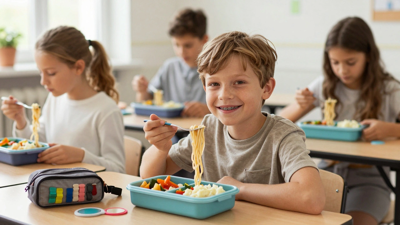 Dítě s rovnátky jí měkké jídlo ve školní jídelně, batoh s potřebami pro ústní hygienu je vidět.
