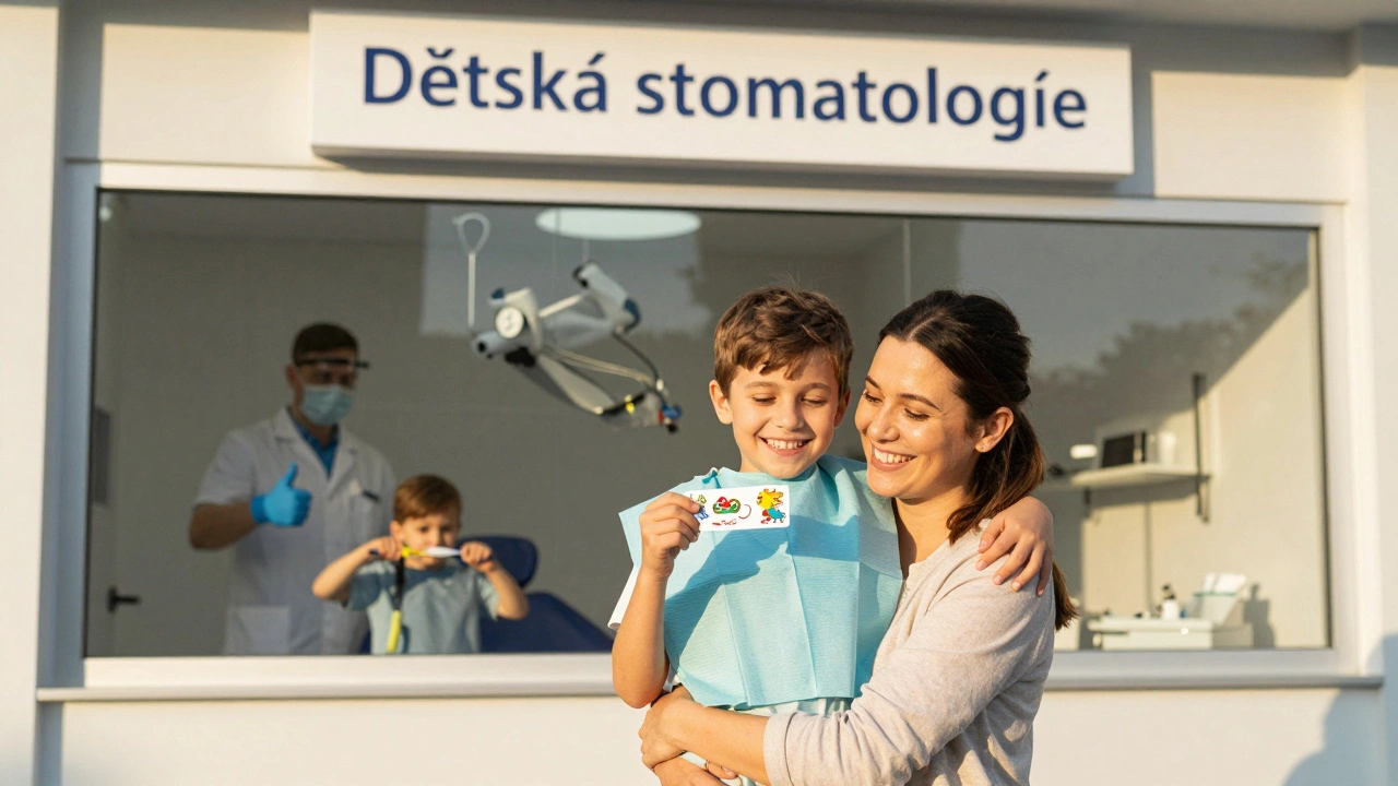 Dítě se směje, drží náhradní odměnu a objímá rodiče před klinikou.