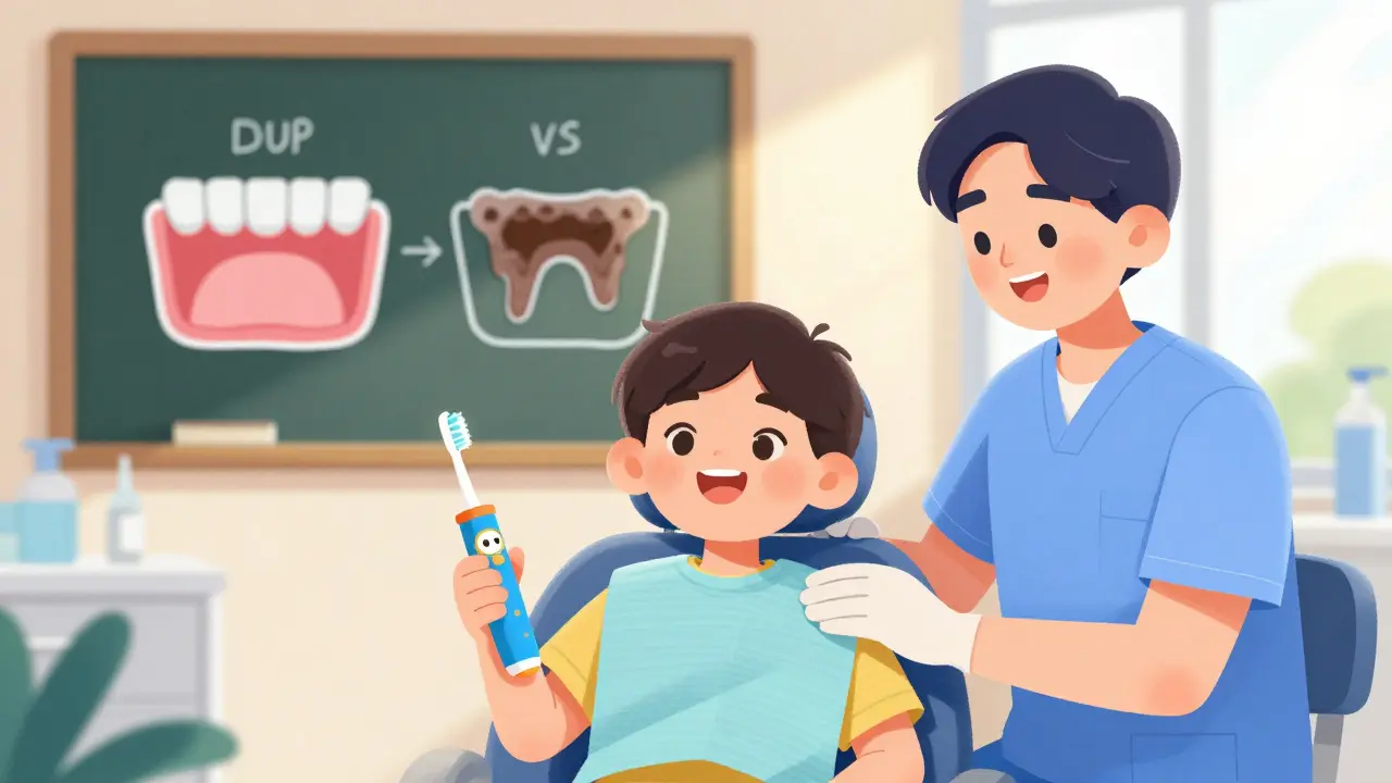 Dítě se směje po návštěvě zubního lékaře, drží barevný elektrický kartáček a zubní lékař ho podporuje.