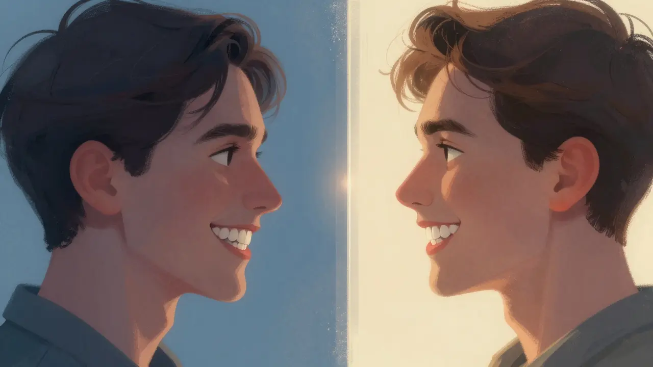 Dva portréty téže osoby: jedna s nepravidelnými zuby a uzavřeným úsměvem, druhá s rovnoměrnými zuby a otevřeným smíchem.