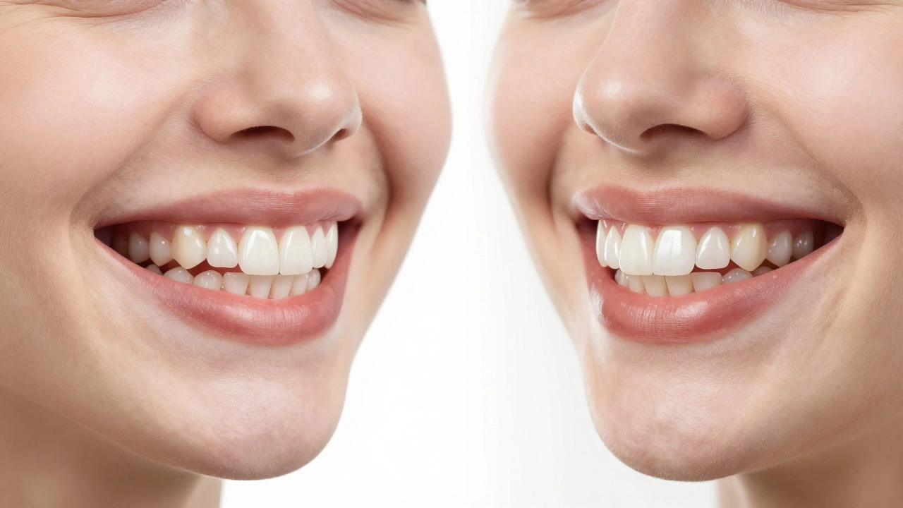 Dva úsměvy: před a po kosmetické úpravě křivých zubů bez ortodoncie.