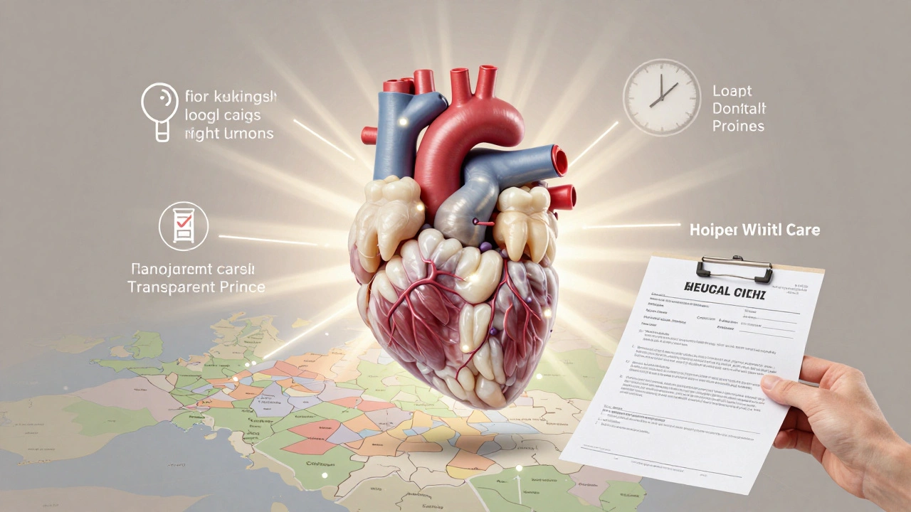 Heart made of healthy teeth floating above Prague map, symbolizing trust and quality dental care.