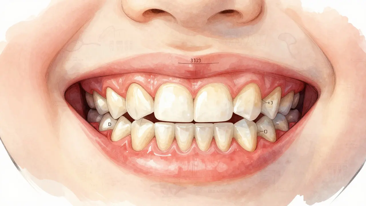 Ilustrace dětské čelisti s přechodem z mléčných na trvalé zuby.