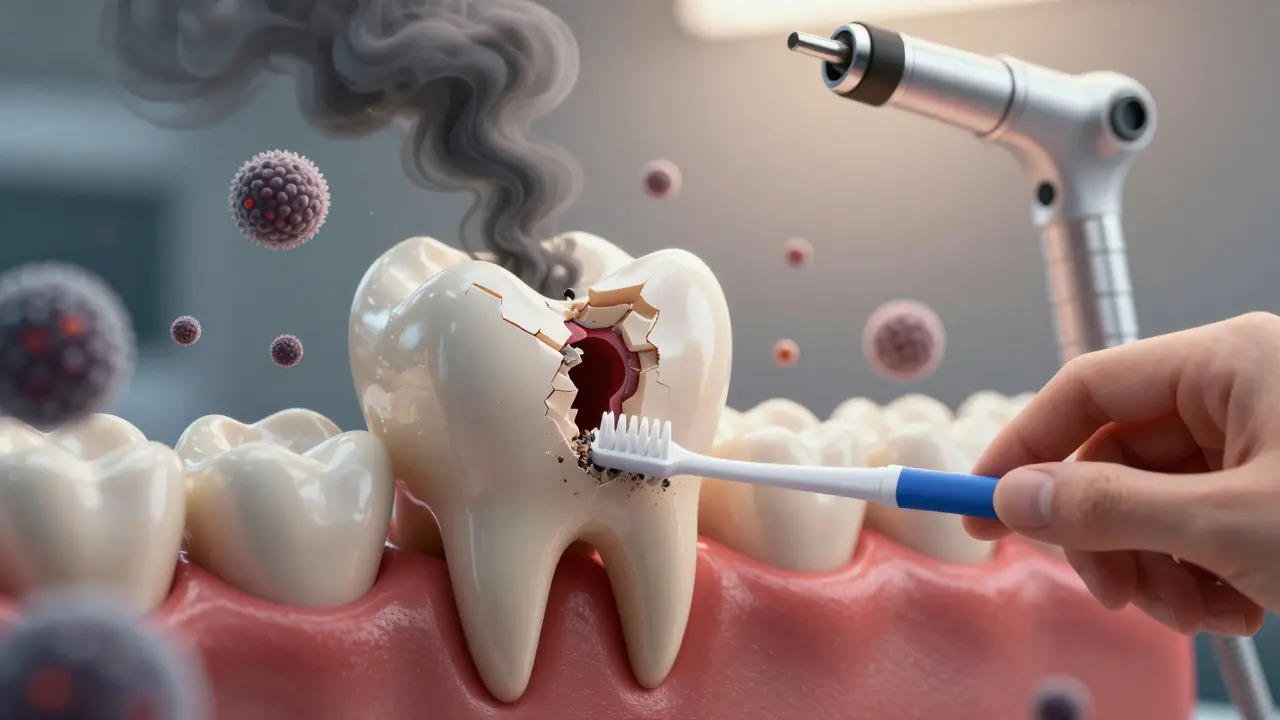 Konceptuální znázornění kazů a mezizubního kartáčku jako ochrany