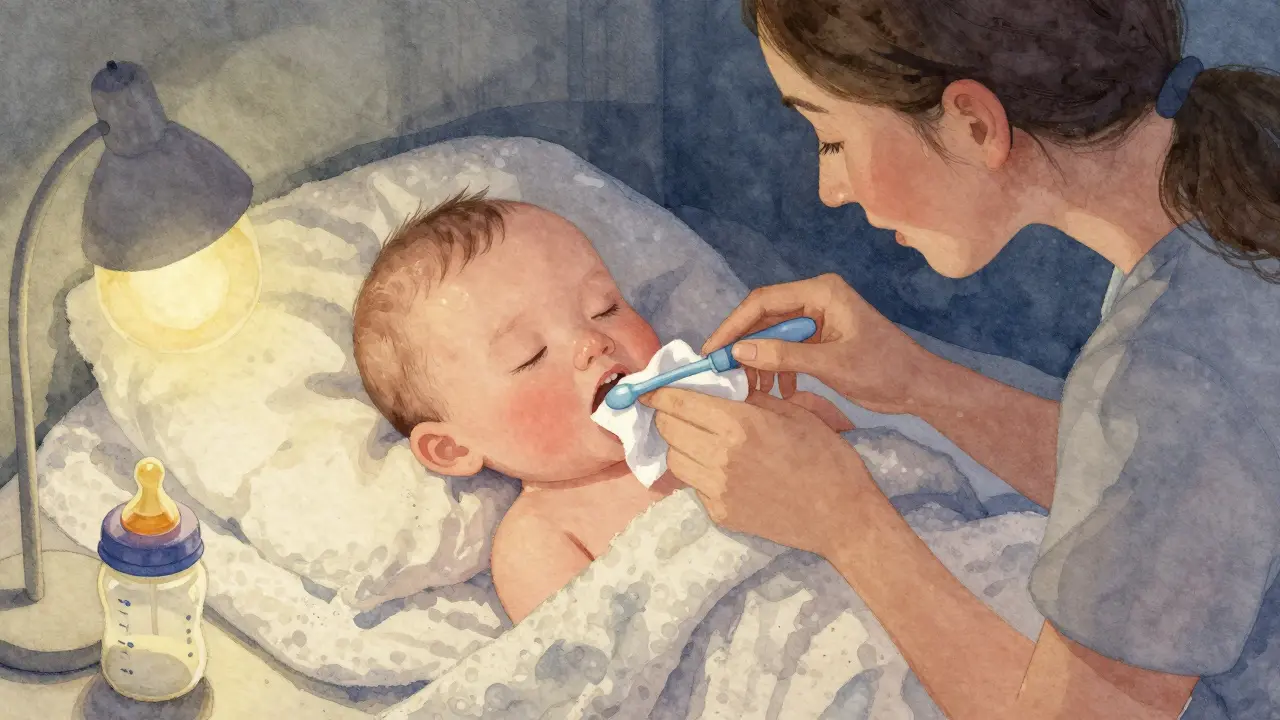 Maminka otírá zuby miminka vlhkým hadříkem večer před spaním.