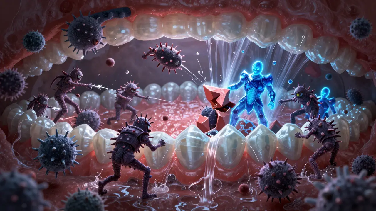 Mikroskopická bitva bakterií proti sklovině, kde fluoridové ionty posilují zubní strukturu.