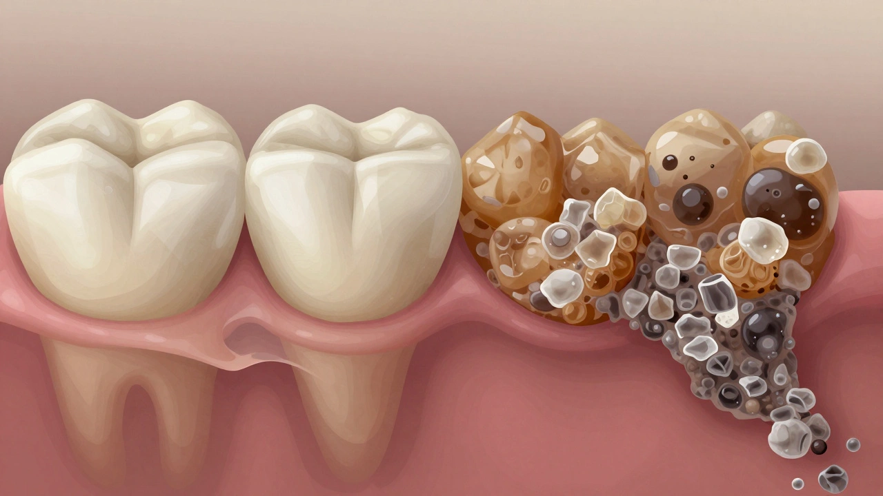 Mikroskopický pohled na vývoj plaku v zubní kámen na povrchu zubu.