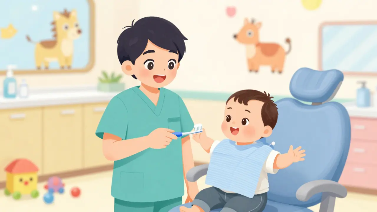 Miminko navštěvuje dětského stomatologa v barevné ordinaci s hračkami.
