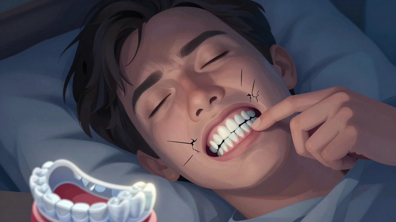 Osoba brnění zuby ve spánku s viditelnými mikrotrhlinami na zubech