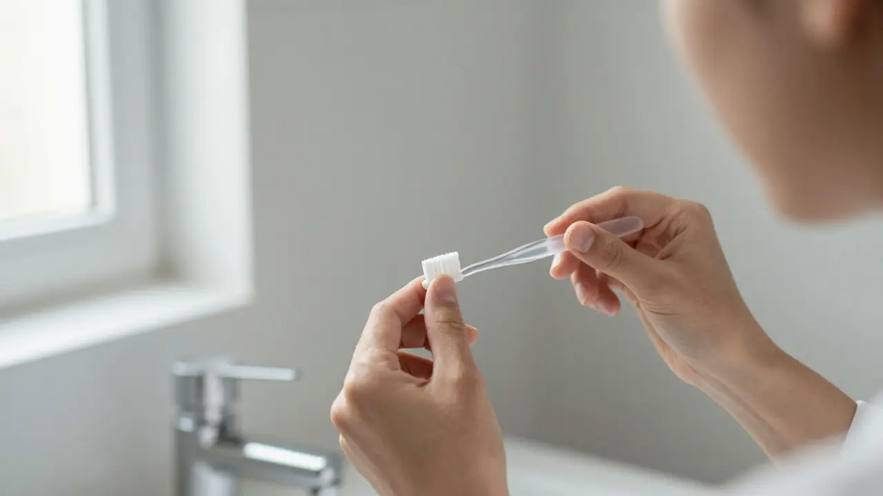Osoba používá mezizubní kartáček opatrně při čištění