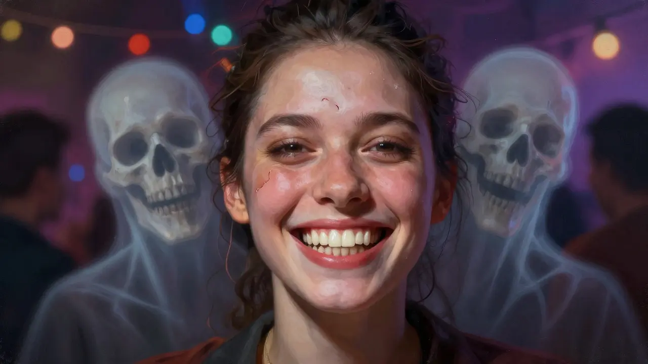 Osoba se směje na večírku, ale za ní se z temnoty objevují stíny poškozených dásní a zubů.