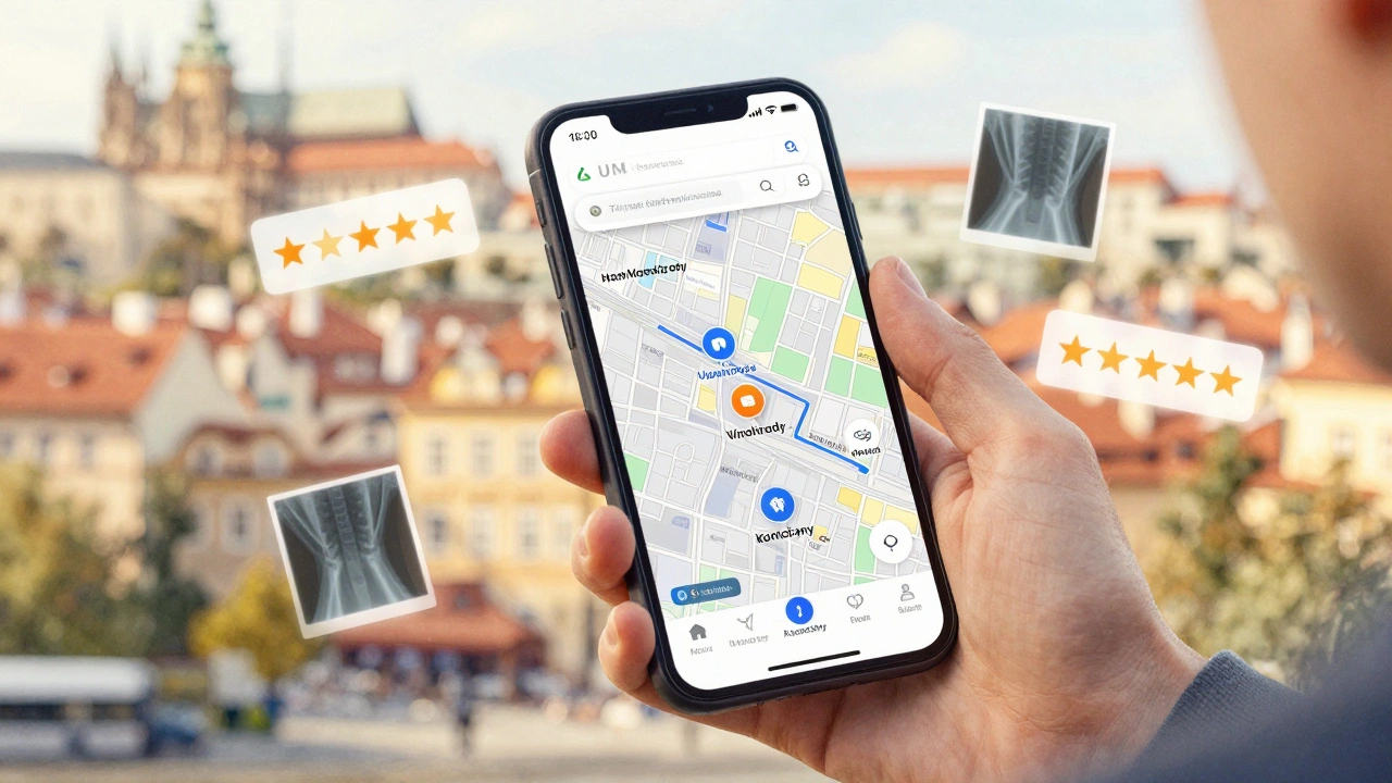 Person using phone to find dental clinics across Prague neighborhoods with icons for services.