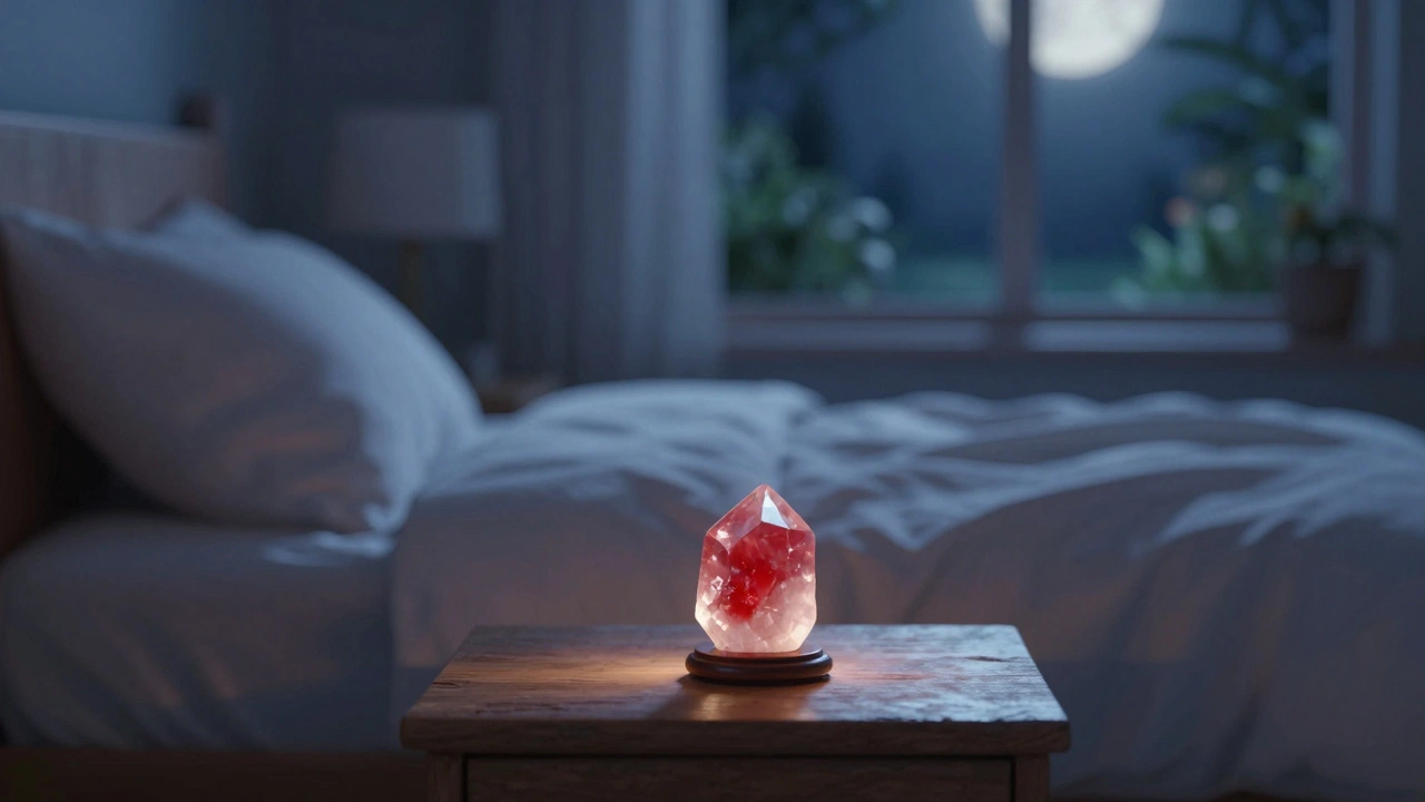 Pokoj v noci bez elektroniky, s červeným křemenem na nočním stole a klidným osvětlením.