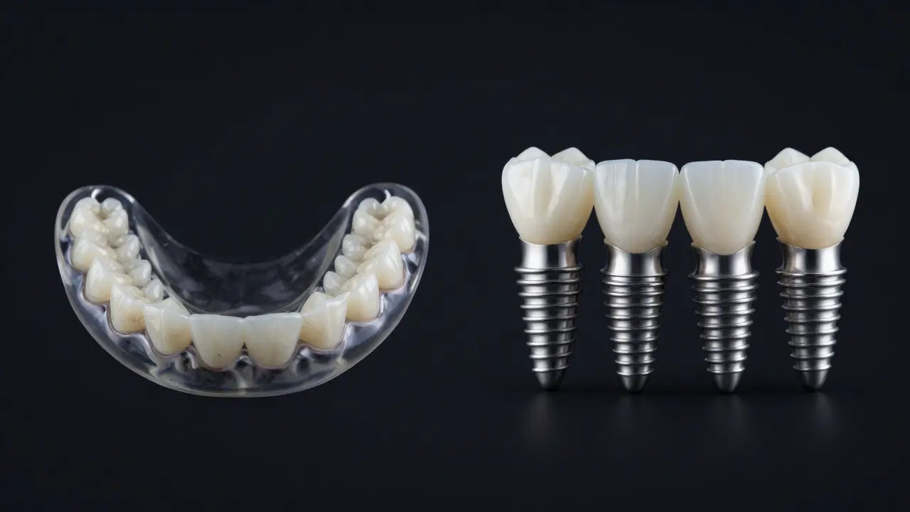 Porovnání levné a kvalitní pevné zubní protézy na modelu čelisti.