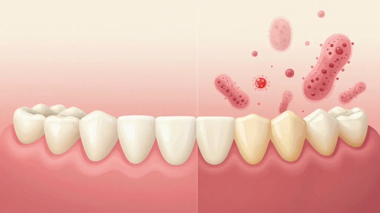 Přechod měkkého plaku na tvrdý zubní kámen na mléčných zubech s viditelnými bakteriemi.