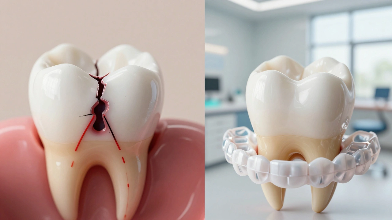 Před a po: poškozený zub s prasklinou a jeho léčba kompozitní plombou