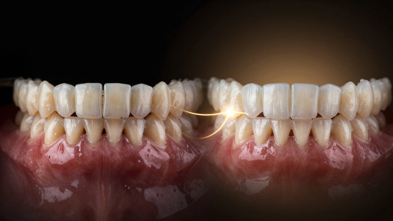 Před a po transformaci zubů pomocí keramických fazet, symbolizující zlepšení úsměvu a sebevědomí.