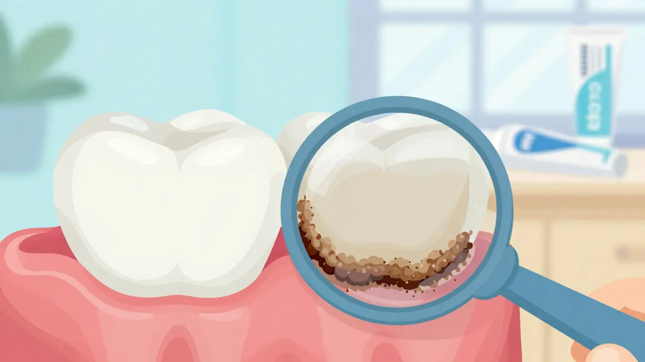 Přiblížení dětského zubu s viditelným tmavým zubním kamenem podél dásně.