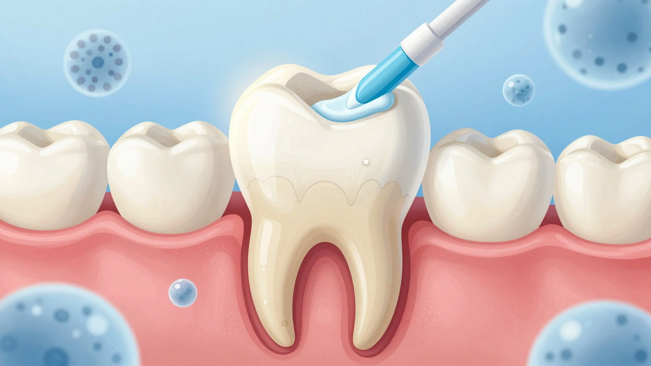 Příčinný průřez zubu s odhaleným dentinem a aplikací fluoridového gelu na kořen.