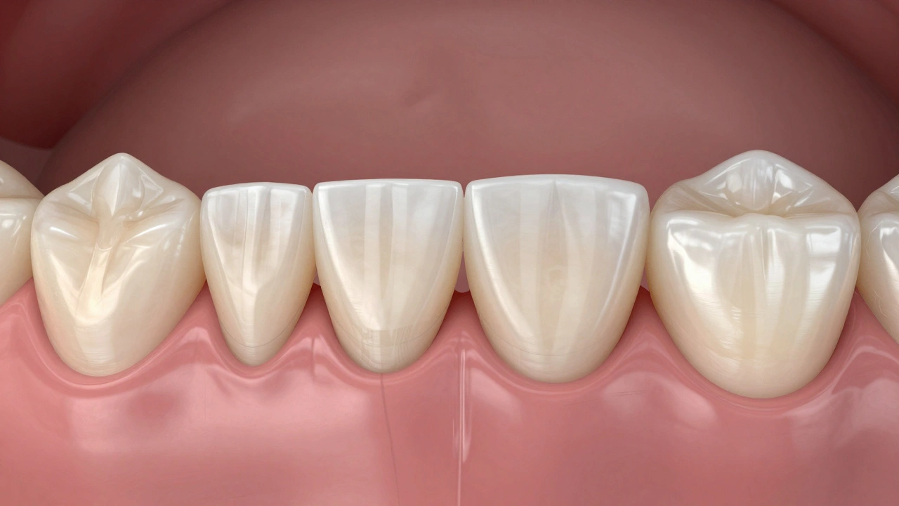 Příčný řez zubem s tenkou keramickou fazetou a minimálním odstraněním emailu.