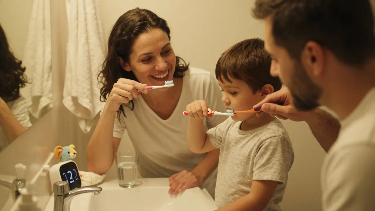 Rodina společně čistí zuby dítěti ve večerní koupelně, všechny se smějí.