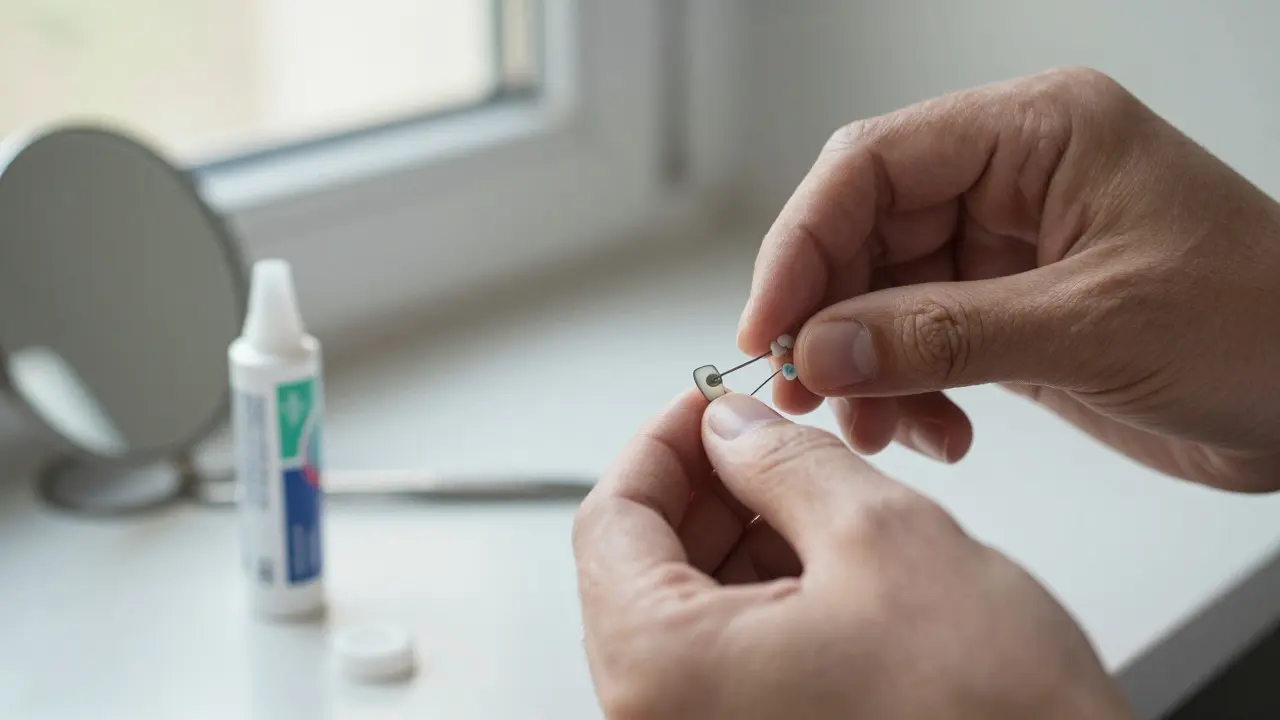 Ruka aplikuje ortodontický vosk na ostrý konec drátu v ústech.