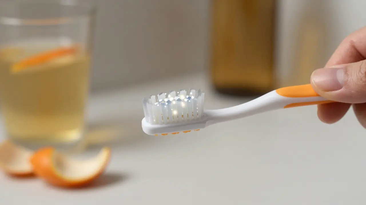 Ruka čistí zuby správnou technikou, zatímco fluorid pomáhá obnovovat sklovinu.