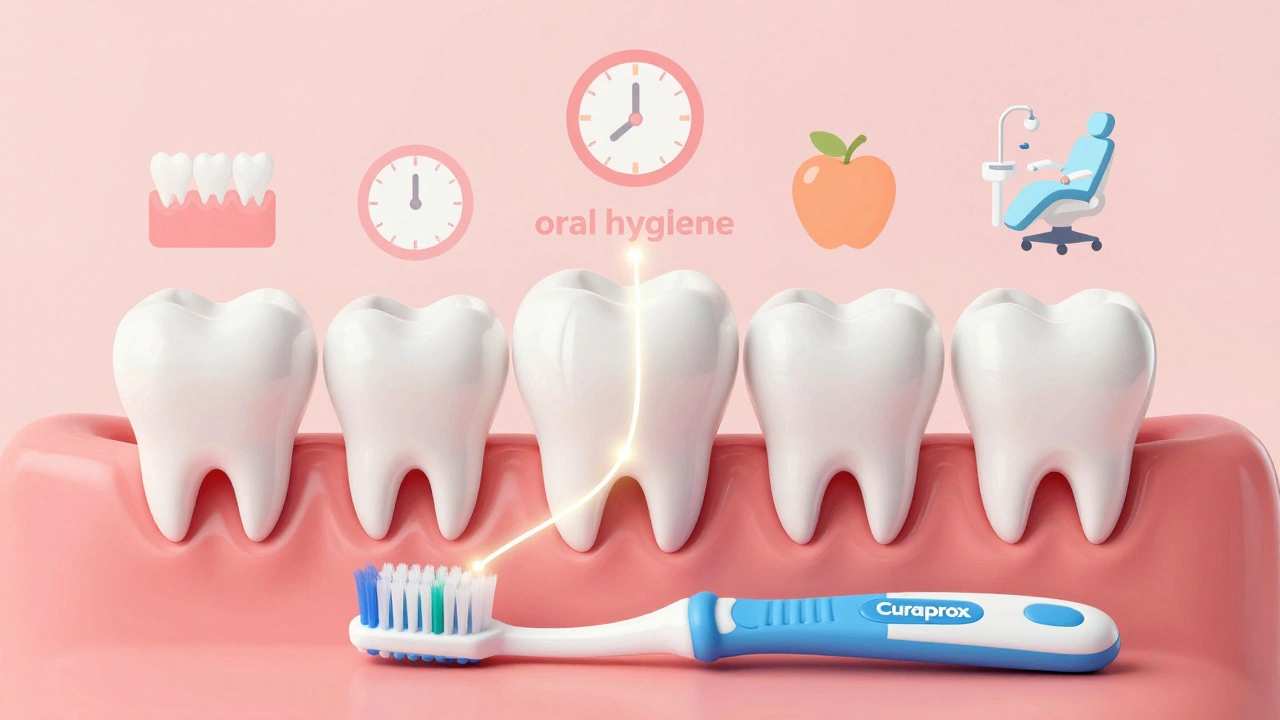 Symbolická scéna prvních zubů jako pilířů zdraví, ochraňovaných kartáčkem.