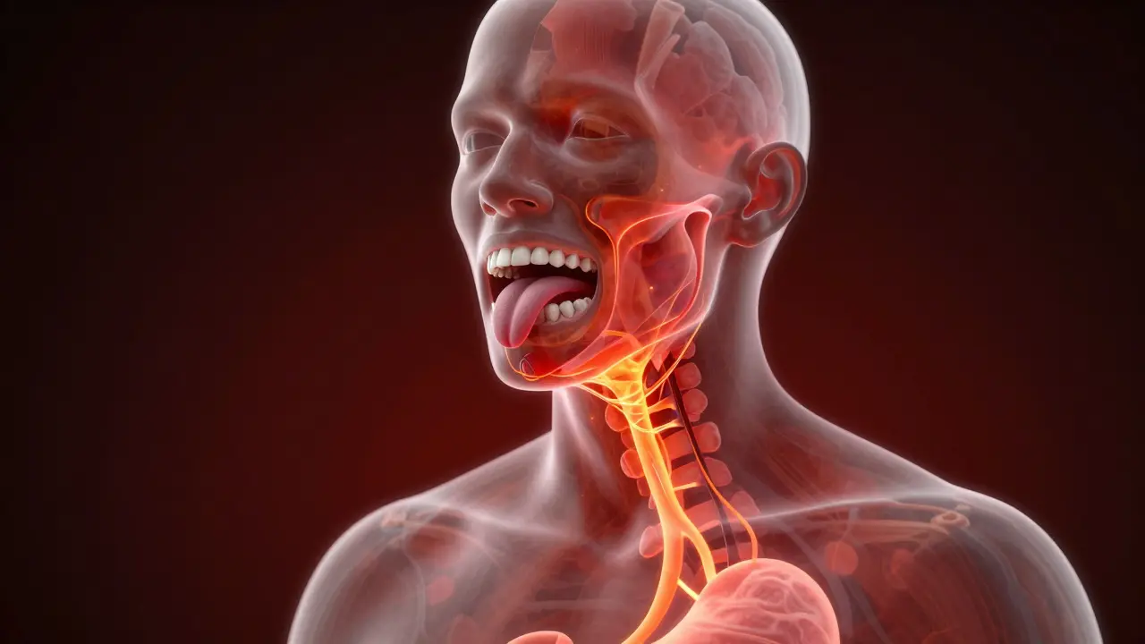 Transparent head showing misaligned teeth affecting jaw, throat, and digestive system.